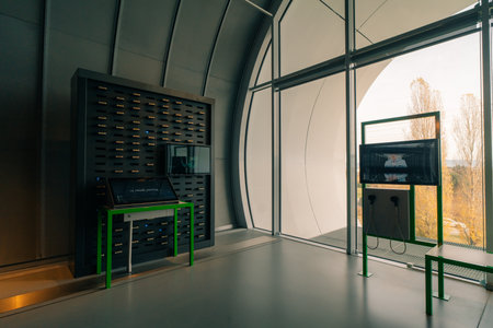 Geneva, Switzerland, Europe - 1 Dec 2025 CERN, Globe of Science and Innovation building, Universe of Particles exibition, Galileo Galilei Square, European Organization for Nuclear Researchのeditorial素材