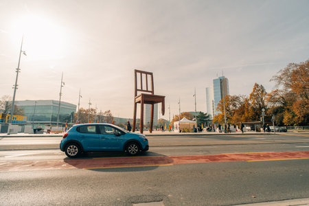GENEVA, SWITZERLAND - 2 nov 2025 Broken Chair or Chaise Cassee in Geneva city in Switzerland. High quality photoのeditorial素材