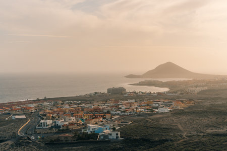 El Medano, Tenerife, Spain - Oct 1,2025 View of El Medano touristic place for surfing, kitesurfing, and windsurfing. High quality photoの写真素材