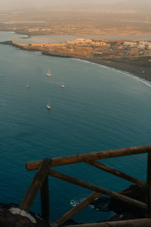Elevated views from the volcanic peak Montana Roja towards the natural beach Playa de la Tejita in Tenerife, Canary Islands, Spain. High quality photoの写真素材