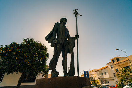 Church of San Fernando and statue of Alonso Diaz Guanche chief in Santiago del Teide, Tenerife - 2 nov 2025. High quality photoの写真素材