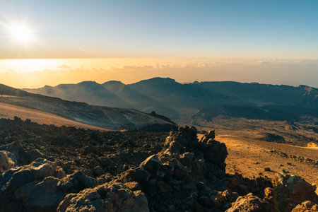 Sunset, sunset glow, Volcano Teide and volcano landscape, national park El Teide, Tenerife, Canary Islands, Spain. High quality photoの写真素材