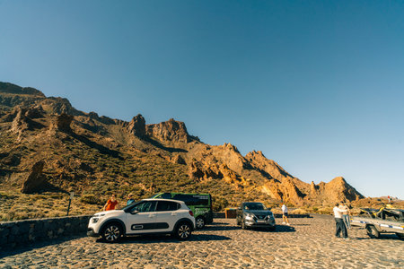 Sunset, sunset glow, Volcano Teide and volcano landscape, national park El Teide, Tenerife, Canary Islands, Spain - 1 Dec 2025. High quality photoのeditorial素材