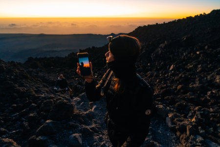 Sunset, sunset glow, Volcano Teide and volcano landscape, national park El Teide, Tenerife, Canary Islands, Spain. High quality photoのeditorial素材