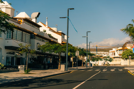 View of palm trees, and beautiful buildings of Spanish architecture, in La Caleta, Tenerife, Spain - 3 Dec 2025. High quality photoのeditorial素材
