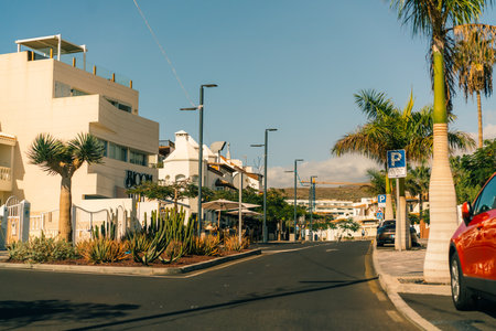 View of palm trees, and beautiful buildings of Spanish architecture, in La Caleta, Tenerife, Spain - 3 Dec 2025. High quality photoのeditorial素材