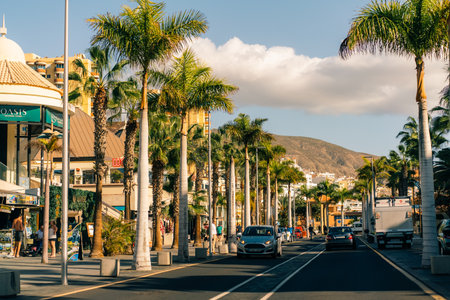 Avenue las Americas in Playa de la Americas on Tenerife, Canary Islands in Spain - 1 Dec 2025. High quality photoのeditorial素材