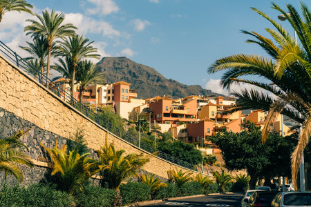 View of palm trees, and beautiful buildings of Spanish architecture, in La Caleta, Tenerife, Spain -...
