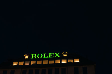 Geneve, Switzerland, 02/09/2025 Rolex offices and headquarter in Geneva at night. High quality photoのeditorial素材
