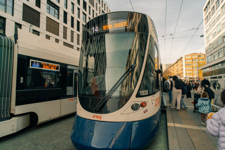 Geneva, Switzerland - Dec 1 2025 Streets of Geneva city and public transportation in the center of Geneva, Switzerland. High quality photoのeditorial素材
