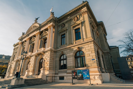 Geneva, Switzerland - 5 Dec 2025 front facade of Grand Theater de Geneve. High quality photoのeditorial素材