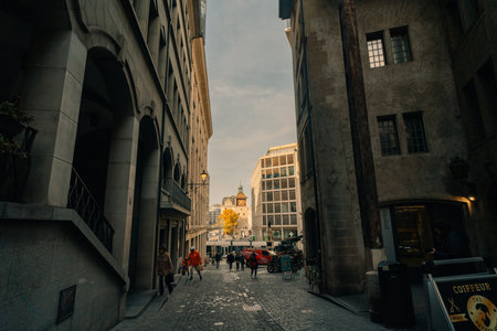 Geneva, Switzerland - Sep 4, 2025 People walking past the fontaine de lEscalade