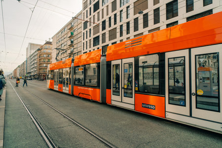 Geneva, Switzerland - Dec 1 2025 Streets of Geneva city and public transportation in the center of Geneva, Switzerland. High quality photoのeditorial素材