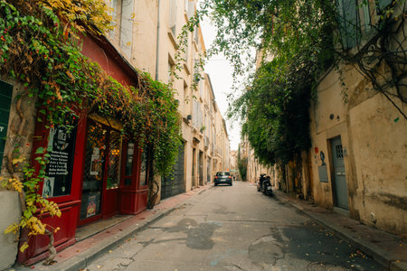 Montpellier, France, 23 Sept 2025, Quaint Narrow Alley. High quality photoのeditorial素材