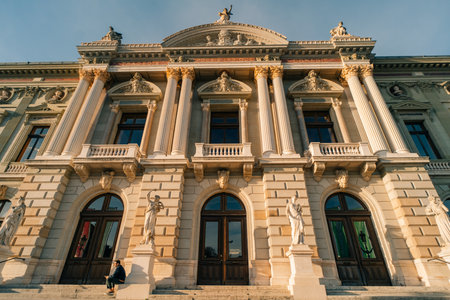 Geneva, Switzerland - 5 Dec 2025 front facade of Grand Theater de Geneve. High quality photoのeditorial素材