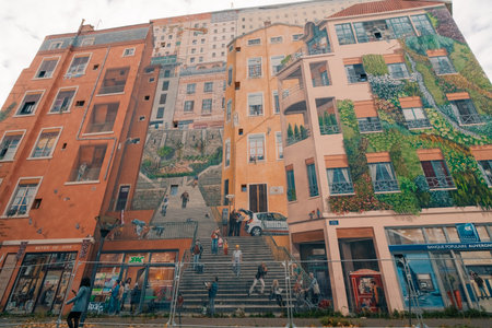 LYON, FRANCE - Dec 7, 2025 Mur des Canuts in the Croix-Rousse district. . High quality photoのeditorial素材