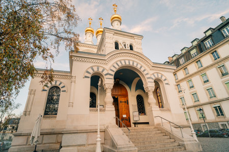 Eglise Orthodoxe Russe is a Russian Orthodox Church in Geneva city in Switzerland - 1 Dec 2025. High quality photoのeditorial素材
