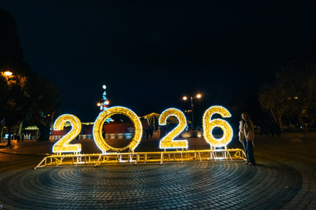New Year mood at the Baku Boulevard. at night Happy 2026. Baku, Azerbaijan.1 dec 2025. High quality photoのeditorial素材