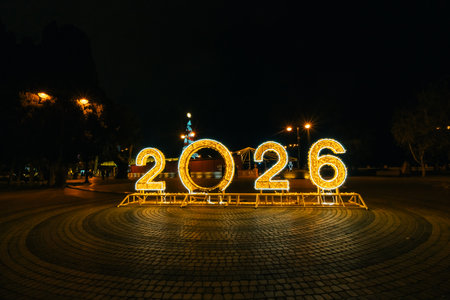 New Year mood at the Baku Boulevard. at night Happy 2026. Baku, Azerbaijan.1 dec 2025. High quality photoのeditorial素材