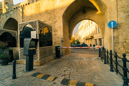 Baku, Azerbaijan - 1 Dec 2025 View of the Gosha Gala Paired Fortress Gates and the ancient city walls of Icherisheher, a historic landmark in Baku, Azerbaijan.のeditorial素材