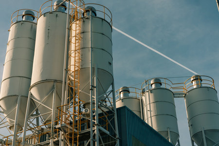 Construction industry concrete plant and equipment.Commercial concrete mixing plant of a cement factory. Concrete mixing silo,Industry manufacturing conceptの写真素材