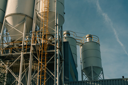Construction industry concrete plant and equipment.Commercial concrete mixing plant of a cement factory. Concrete mixing silo,Industry manufacturing conceptの写真素材