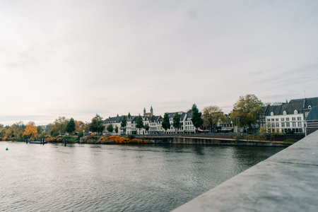 Panorama of the Maastricht Waterfront on the Meuse Maas river, in autumn. High quality photoの写真素材