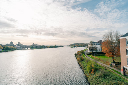 Panorama of Waterfront on the Meuse Maas river with a focus on the Sint Martinuskerk, Maastricht Netherlands. High quality photoの写真素材