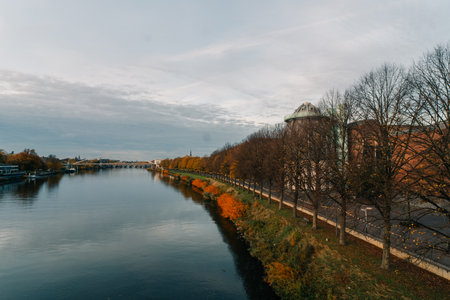 Panorama of Waterfront on the Meuse Maas river with a focus on the Sint Martniuskerk, Maastricht Netherlands - 2 Oct 2025. High quality photoの写真素材