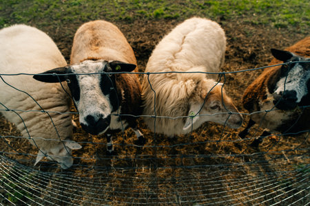 Closeup of brown sheep behind metal fencing outdoor at sunset in The Netherlands. High quality photoの写真素材