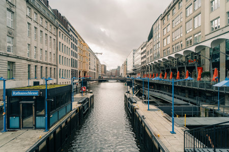 Hamburg city center view at night in Germany. High quality photoの写真素材