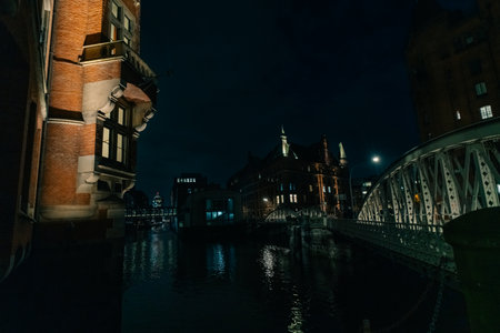 Night view of the canal in Hamburg, Germany. High quality 4k footage