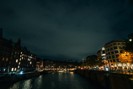 Night view of the canal in Hamburg, Germany. High quality 4k footageの写真素材