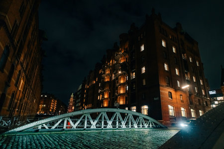 Night view of the canal in Hamburg, Germany. High quality 4k footageの写真素材