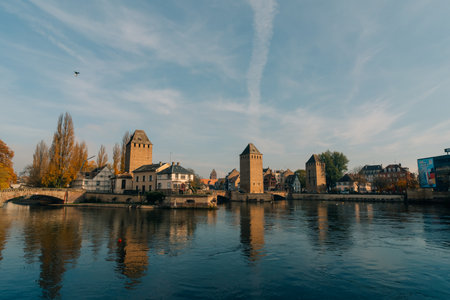 Panoramic view on The Ponts Couverts in Strasbourg with blue cloudy sky. France. . High quality photoの写真素材