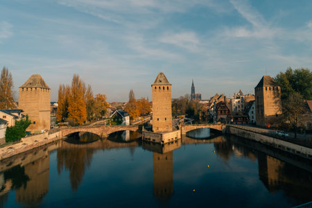 Panoramic view on The Ponts Couverts in Strasbourg with blue cloudy sky. France. . High quality photoの写真素材