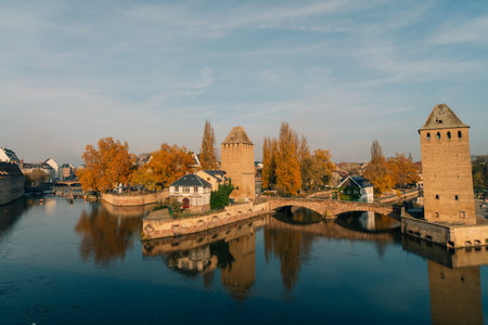 Panoramic view on The Ponts Couverts in Strasbourg with blue cloudy sky. France. . High quality photoの写真素材