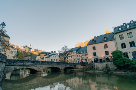 View of the old town of Luxembourg from the Grund district of the Luxembourg city of Luxembourg - 1 Oct 2025. High quality photoの写真素材