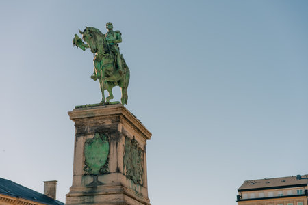 Luxembourg City, Luxembourg - Sept. 19, 2025 Place Guillaume II with the equestrian statue of Grand Duke William II by Antonin Mercieand Victor Peter erected in 1844 and the city hall built in 1838.の写真素材