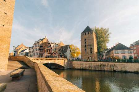Panoramic view on The Ponts Couverts in Strasbourg with blue cloudy sky. France. . High quality photoの写真素材