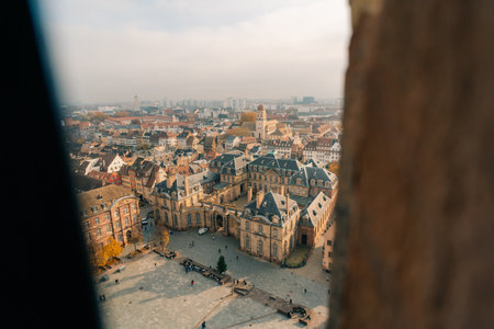 The roof of notre dame de Strasbourg with city in background.strasburg france - 1 Oct 2025. High...