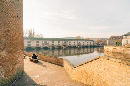 Panoramic view on The Ponts Couverts in Strasbourg with blue cloudy sky. France. . High quality photoの写真素材