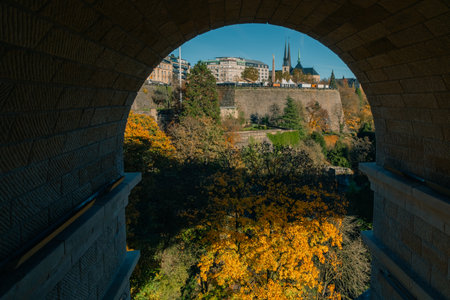 Luxembourg city, Luxembourg - Sep 1 2025 Adolphe Bridge provides a one-way route for road traffic across the Petrusse, from Boulevard Royal, in Ville Haute, to Avenue de la Liberte in Gare.の写真素材