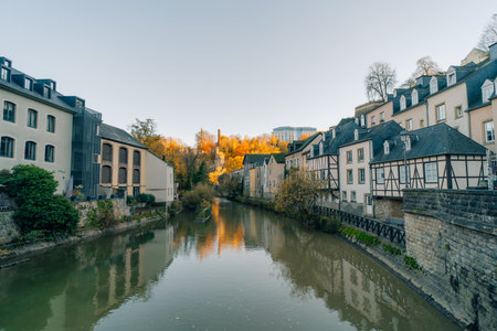 View of the old town of Luxembourg from the Grund district of the Luxembourg city of Luxembourg - 1 Oct 2025. High quality photoの写真素材
