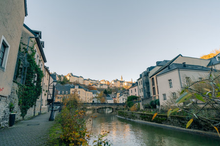 View of the old town of Luxembourg from the Grund district of the Luxembourg city of Luxembourg - 1 Oct 2025. High quality photoの写真素材