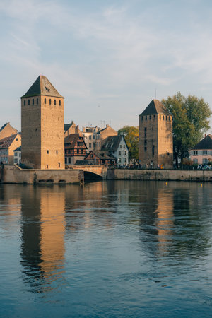Panoramic view on The Ponts Couverts in Strasbourg with blue cloudy sky. France. . High quality photoの写真素材