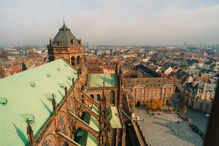 The roof of notre dame de Strasbourg with city in background.strasburg france - 1 Oct 2025. High quality photoの写真素材