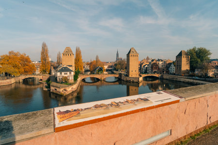 Panoramic view on The Ponts Couverts in Strasbourg with blue cloudy sky. France. . High quality photoの写真素材