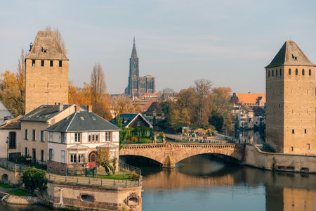 Panoramic view on The Ponts Couverts in Strasbourg with blue cloudy sky. France. . High quality photoの写真素材
