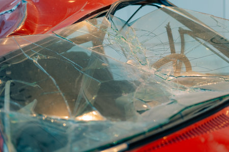 Car accident crash, Car accident protection, Claim collision, Auto emergency. Crashed car claim insurance. Warranty policy service. Serious problems. A red car with a damaged front end.の写真素材